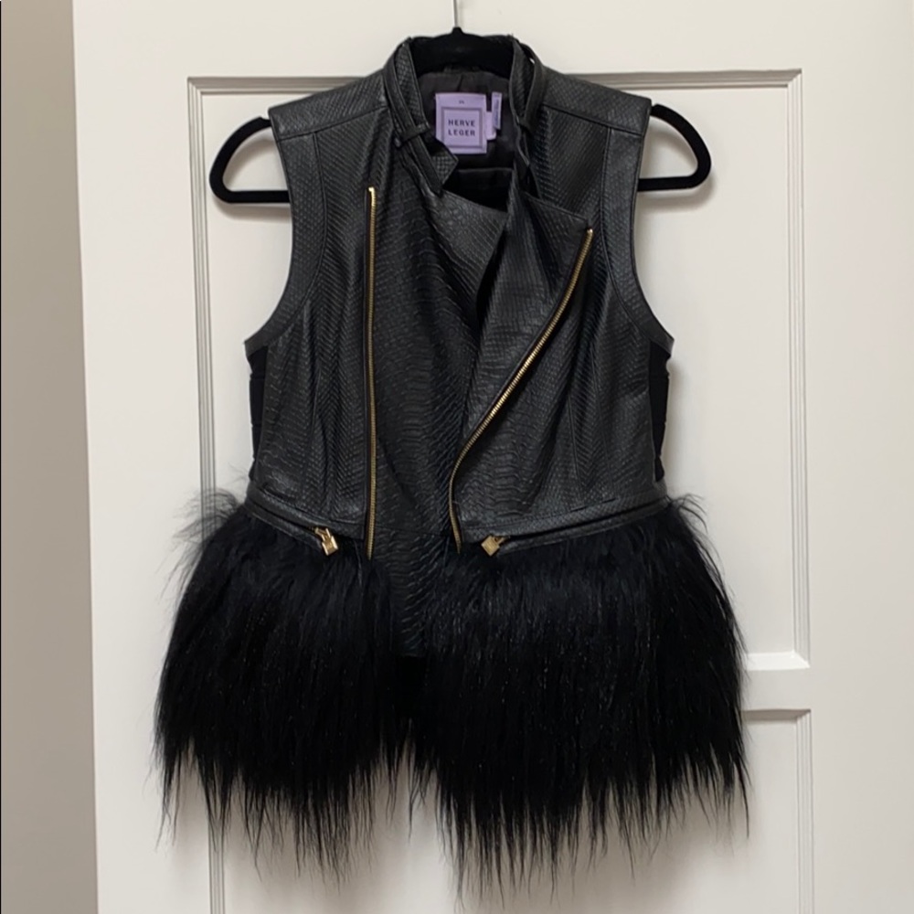 Herve Leger Leather Vest w/ Detachable fur trim.